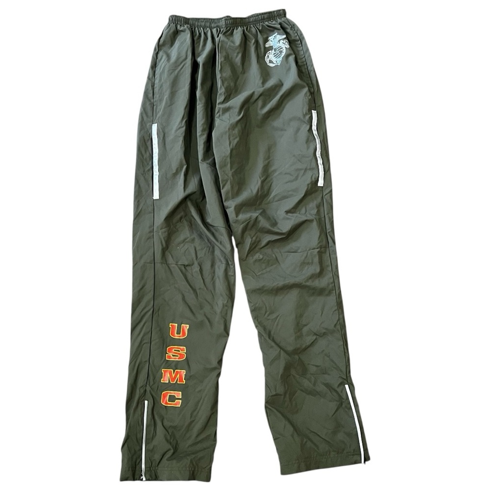 USMC Marine Running Pants Small Olive Green Reflective Trim Zip Windpants